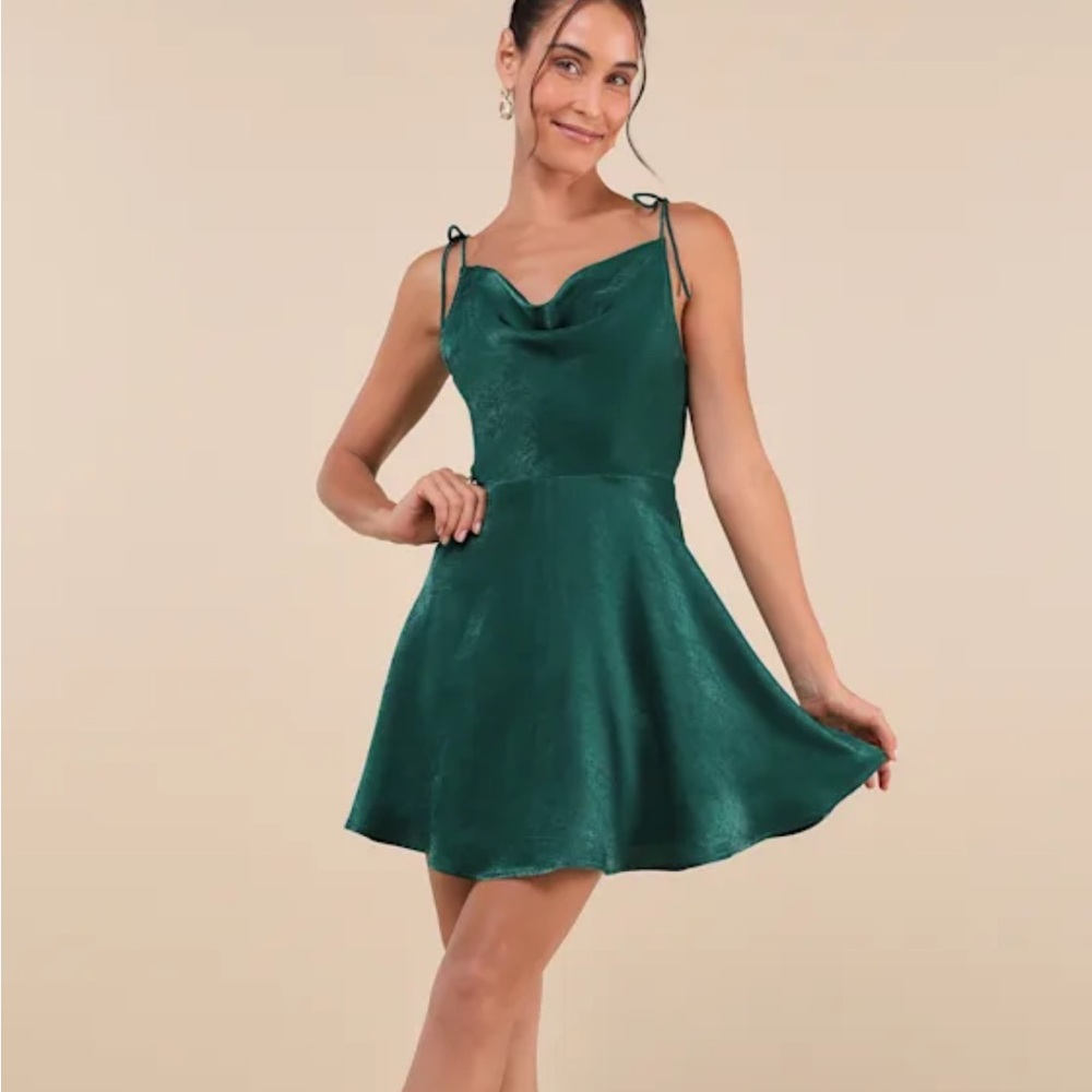 Lulu's Green Ruched Mini Dress Spaghetti Strap Cowl Neck